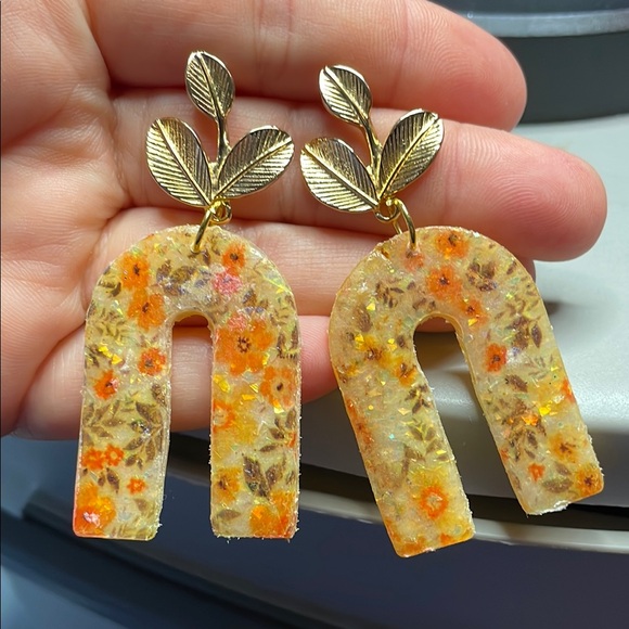 Handmade Jewelry - Floral Arch Earrings with Gold Leaf Accents